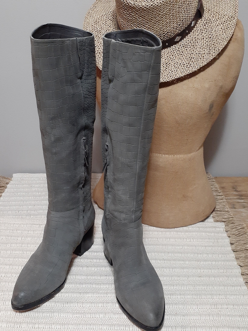 Sam Edelman Gray Croc-Embossed Knee-High Boots